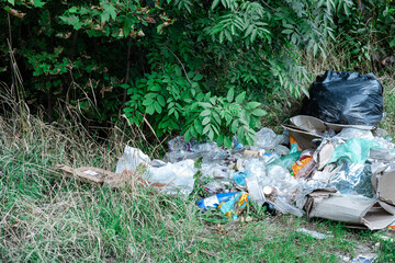Mountain of plastic debris under a tree in a park or forest.