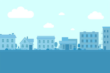 Town street with buildings. City landscape road and low-rise houses in various architecture styles. Metropolis outskirt sidewalk vector eps illustration