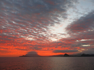 Beautiful sunset and Kaimondake seen from the open sea, Ibusuki City, Kagoshima Prefecture, Japan