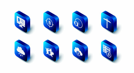 Set Bitcoin in the target, with clock, Pickaxe, Server bitcoin, Cryptocurrency cloud mining, Piggy bank, and Mining from monitor icon. Vector