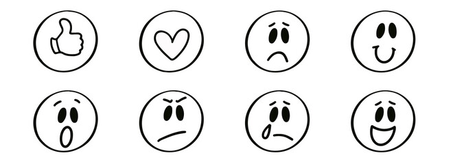 Hand drawn emoticon icons set. Smiley face collection. Outline cartoon emoticons set. Social media emoji in doodle. Transparent sad, happy and angry characters in sketch