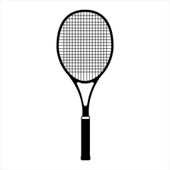 Flat black tennis racket isolated on white background. Line art icon for sports apps and websites. Essential badminton sport game equipment. 