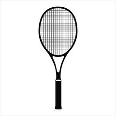 Vector flat black tennis racket isolated on white background. Line art vector icon for sports apps and websites. Essential badminton sport game equipment. 