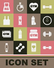 Set Dumbbell, Weight plate, Fitness gym heart, Sports nutrition, Sleeveless T-shirt, and shaker icon. Vector