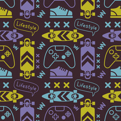 Obraz premium Vector Skateboarding Seamless Pattern with Cartoon Skateboard and Gamepad. Illustration of Retro Skate Board with Word and Sneakers. Line Art Style Skate Dark Background