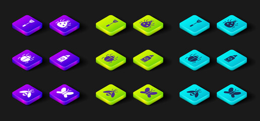 Set Bee, Butterfly, Mite, Spray against insects, Ladybug and Fly swatter icon. Vector