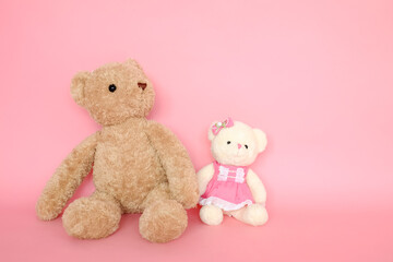 couple teddy bears on pink background