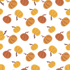 Seamless pattern with pumpkin. Hand drawn vector food vegetable. Concept holiday illustration. Happy Halloween. Autumn harvesting, farming. Print for fabric, paper or wrapping. White background