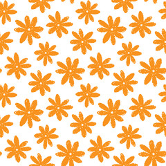 Fototapeta na wymiar Small orange ink flowers isolated on white background. Cute monochrome floral seamless pattern. Vector simple flat graphic hand drawn illustration. Texture.