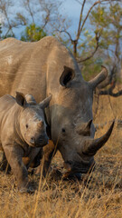 Fototapeta premium White rhino cow and calf in golden light