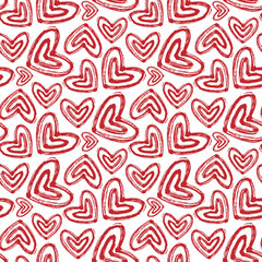 Red contour ink hearts isolated on white background. Cute monochrome seamless pattern. Vector simple flat graphic hand drawn illustration. Texture.