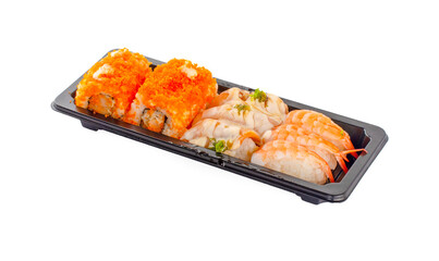 japanese sushi with rice, fish, cream, meat, with different fillings and appearance on a white background