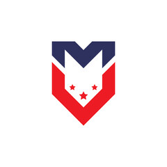 Abstract Initial Letter M. Blue and Red American Flag Shield Military Letter M Logo. Flat Vector Logo Design Template Element.