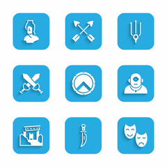 Set Greek shield, Dagger, Comedy and tragedy masks, Cyclops, Ancient ruins, Crossed medieval sword, Neptune Trident and bust sculpture icon. Vector