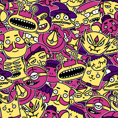 Seamless background pattern, children's multicolored monsters characters, vector illustration, drawings with little men in a cartoon style.