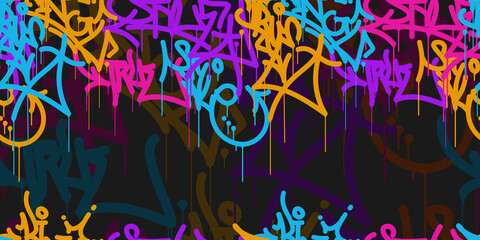 multicolored graffiti background with letters, bright colored lettering tags in the style of graffiti street art. Vector illustration seamless pattern