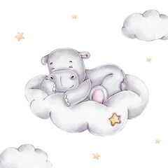 Little hippo sleeps on cloud; watercolor hand drawn illustration; with white isolated background - obrazy, fototapety, plakaty
