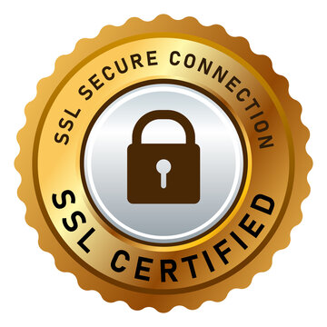 SSL secure connection certified stamp label sticker isolated design in golden and silver padlock logo