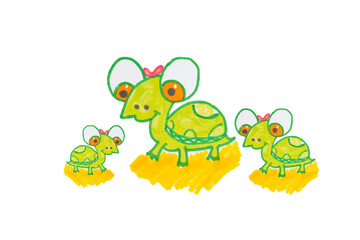 Childs picture. Fair story.Childrens drawing of a multicolored turtle on a white background isolad.