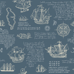 Vintage seamless pattern with hand-drawn sailing ships, islands, compasses and handwritten text Lorem ipsum on a grey backdrop. Repeating vector background on the theme of travel and adventure