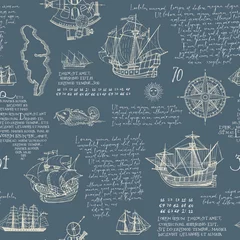 Wall murals Sea Vintage seamless pattern with hand-drawn sailing ships, islands, compasses and handwritten text Lorem ipsum on a grey backdrop. Repeating vector background on the theme of travel and adventure