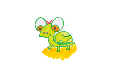 Childs picture. Fair story.Childrens drawing of a multicolored turtle on a white background isolad.