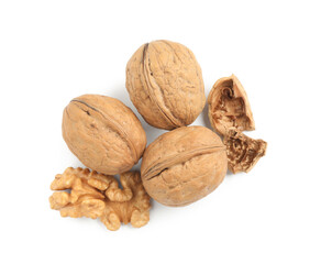Fresh ripe walnuts and shell on white background, top view