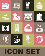 Set Pie chart infographic, Money plant the pot, Bank building, Cash register machine, Coin money with dollar, Pos terminal, Credit card lock and Treasure chest icon. Vector