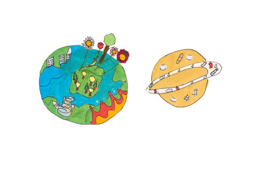 Children's drawing of the planets on a white background isolade. The concept of the world.
