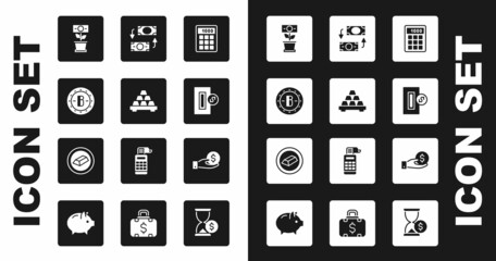 Set Calculator, Gold bars, Bitcoin, Money plant the pot, Inserting, exchange, Hand giving money and icon. Vector