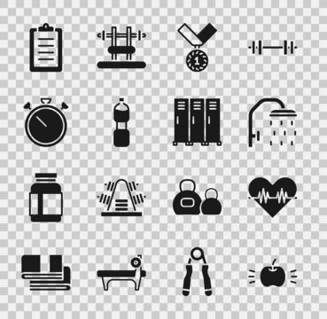 Set Apple, Heart rate, Shower head, Medal, Bottle of water, Stopwatch, Sport training program and Locker changing room icon. Vector