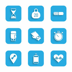 Set Smart watch on hand, Punching bag, Heart rate, Stopwatch, Location gym, Boxing glove, Vitamin pill and Old hourglass icon. Vector