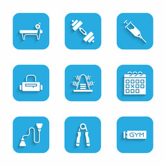 Set Metal rack with weights, Sport expander, Location gym, Calendar fitness, Chest, bag, Doping syringe and Bench barbel icon. Vector