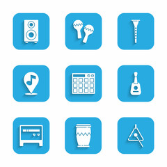 Set Drum machine, Triangle, Guitar, amplifier, Location musical note, Clarinet and Stereo speaker icon. Vector