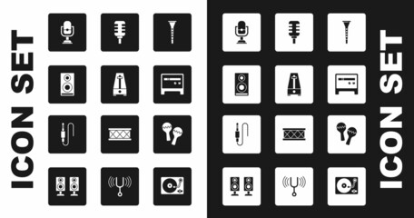 Set Clarinet, Metronome with pendulum, Stereo speaker, Microphone, Guitar amplifier, Maracas and Audio jack icon. Vector
