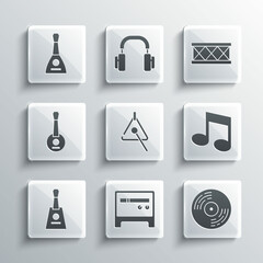 Set Guitar amplifier, Vinyl disk, Music note, tone, Triangle, Balalaika, Banjo, and Drum icon. Vector