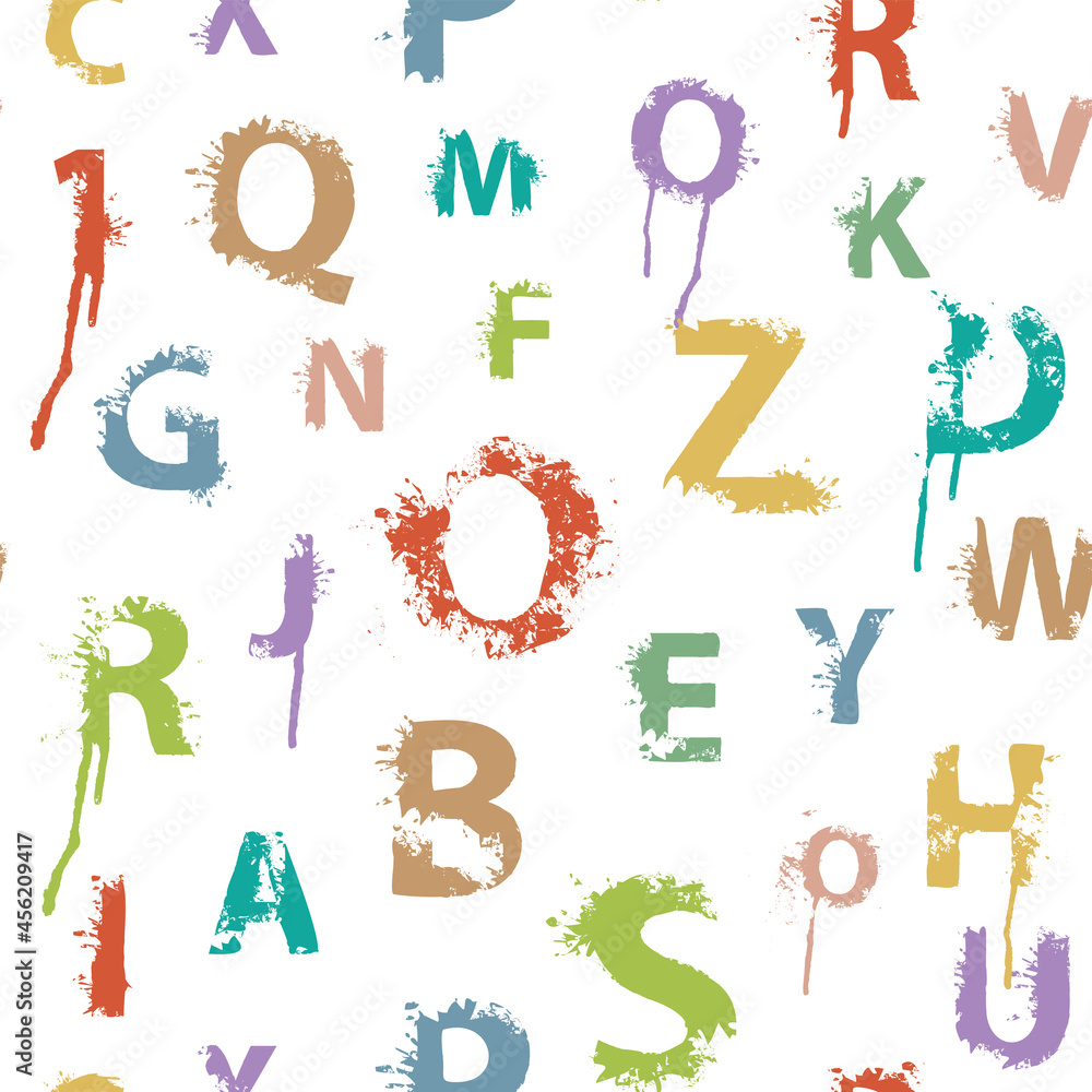 Poster seamless pattern with alphabet letters in form of colored paint blots and splashes on a light backdr
