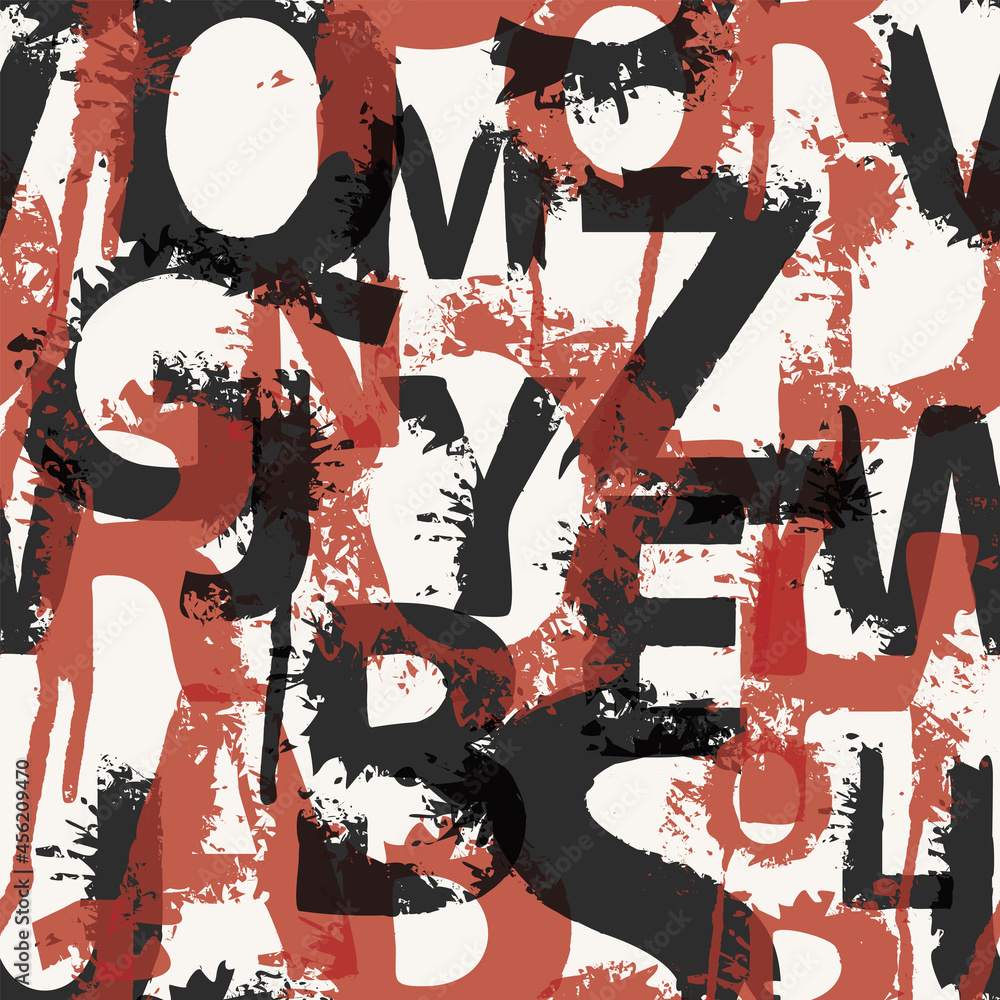 Poster vector seamless pattern with abstract english letters in form of black and red paint blots and splas