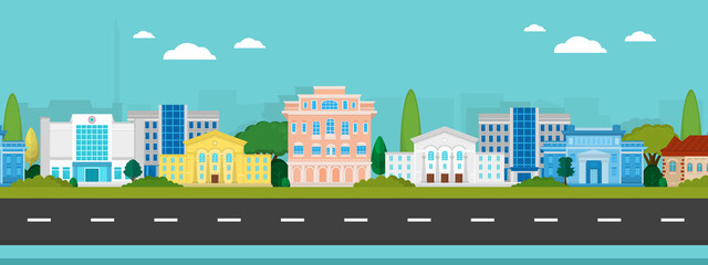 Vector poster with city buildings view with road. City street view.