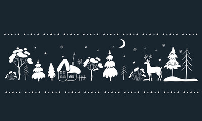 vector border with winter illustrations of fir trees, houses and deer on dark background