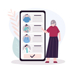 Female elderly patient chooses doctor on phone screen. Mobile app helps olderly find therapist. Doctors, medical staff portraits. Healthcare and medical