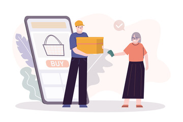 Male deliverer shipping purchase to grandmother. Delivery man bring parcel and groceries to female senior. Fast delivering for elderly people