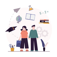 Back to school. Cartoon kids study and learn subjects. Children studies different sciences. Pupils studying homework. Little people gets knowledge