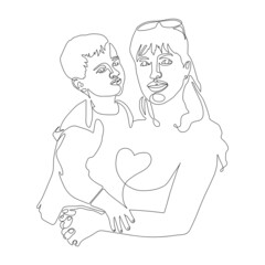 Сontinuous single drawn art line portrait, woman with a child