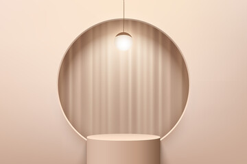 Abstract beige 3D cylinder pedestal or stand podium in circle window and ball hanging lamp. Brown minimal scene for cosmetic product display presentation. Vector geometric rendering platform design.