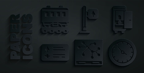 Set Railway map, Toilet in the train car, Road traffic signpost, Train station clock, and Passenger cars icon. Vector