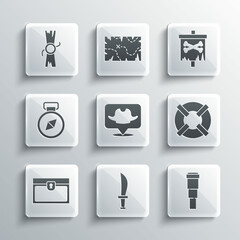 Set Pirate sword, Spyglass telescope lens, Lifebuoy, Location pirate, Antique treasure chest, Compass, Decree, parchment, scroll and flag icon. Vector