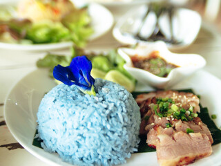 close up blue Rice Made From Butterfly Pea Flower. traditional Thai herb food.