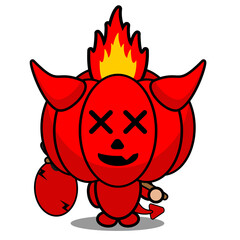 cartoon vector illustration of cute red devil pumpkin mascot character holding a pouch