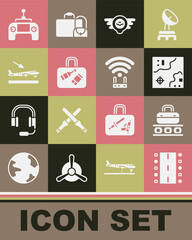 Set Airport runway, Conveyor belt with suitcase, World travel map, Aviation emblem, Suitcase, Plane landing, Drone remote control and Router wi-fi signal icon. Vector